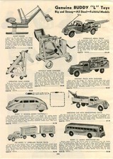 1939 Paper Ad Buddy L Toy Giant Digger Concrete Mixer Scarab Greyhound Bus Truck