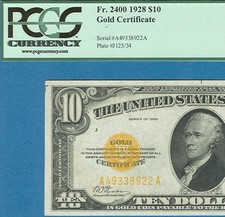 $10. 1928 Gold Seal Gold Certificate Certified Pcgs Choice New 63