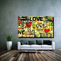 LEINWAND BILD XXL POP ART GRAFFITI LIEBE LOVE ABSTRAKT BUNT HERZ ROT BIS 150x90