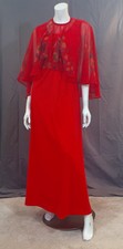 Vintage 70's Toni Todd Red Evening Floral Caplet Cape Party Maxi Gown Dress L
