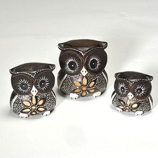 Fair Trade Hand Carved Wooden Owl Statues Set Of Three Ornament #2