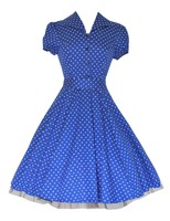 Ladies 40's 50's Vintage Blue Polka Dot Classic Swing Shirt Tea Dress New 8 - 26