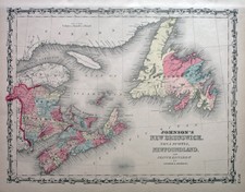 1861Johnson New Brunswick, Nova Scotia, Newfoundland(Original Antique Map Color)