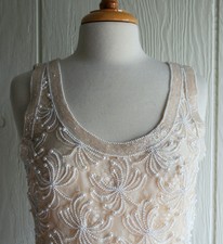 * Vintage Lace Beige Evening Dress Duster Set Faux Pearls Beaded Size S