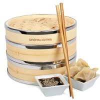 Andrew James - 20cm Bambusdämpfer mit Edelstahlringen 2 Etagen - 2 Jahe Garantie