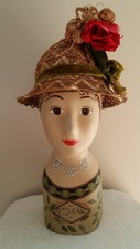 Antique Vintage Womens Straw Hat with A Red Flower and Green Velvet Ribbon