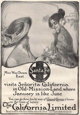 1911 Ad Santa Fe Railway Train Miss East Visits Senorita California Mission Land