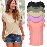 Damen Sommer Quasten Bluse Tunika Fledermaus Top Lose T-Shirt Oberteil Hemd Tee