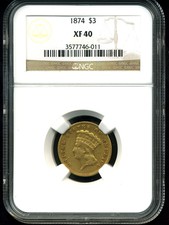 1874 $3 Indian Princess Head Three Dollar Gold Piece Xf40 Ngc
