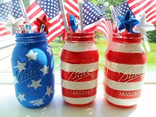American Flag Hand Painted Mason Jars Patriotic 4th of July Holiday Decor Rustic