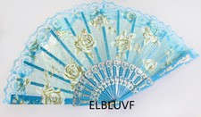 Spanish Blue Flower Floral Fabric Lace Folding Hand Dancing Fan Summer Favor