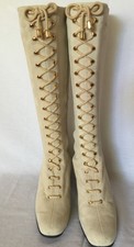 Vintage 1960s Go Go Boots Ivory Suede Lace-Up Front/ Side Zipper Sz 6.5