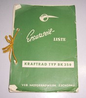 Ersatzteil Liste MZ Kraftrad Typ BK350 VEB Motorradwerk Zschopau 1959 DDR !