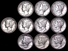 Lot of 10 Coins Au / Unc Mercury Silver Dimes Some D and S Mint Free Shipping