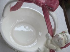 Vintage Fitz & Floyd Bowl Beige Candy Dish Red Green Holly Ceramic White Bunny 