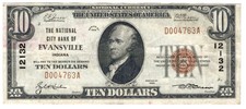 1929 $10 National City Bank of Evansville In - Vf !