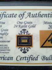 Acb Gold 1Grain 24K Solid Bullion Minted Bar 99.99 Fine W Cert 0F Authenticity.