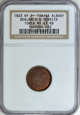 1863 Ny F-10A/4a Albany Benjamin & Herrick Token Ngc Ms-63 Rb R-2
