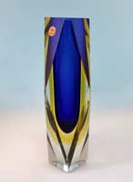 Murano Sommerso Blockvase mit Diamantschliff blau-gelb-klar, Label. 29 cm