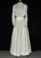 dress white Edwardian embroidered long linen 2 piece Victorian antique 1890-