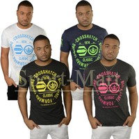 Mens Crosshatch Designer Neon Crackle Print Graphic Crew Neck T-Shirt Size