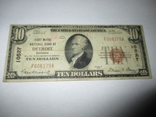 $10 1929 Detroit Michigan Mi National Currency Bank Note Bill Ch. #10527 Rare!