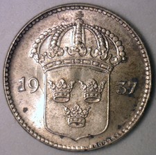 1937 Silver Sweden 10 Ore Coin Yg