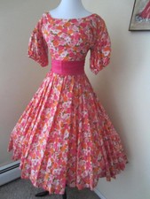 Vintage 1950s 50s Garden Party Floral Tea Dress Pink Cotton Full Circle Skirt S