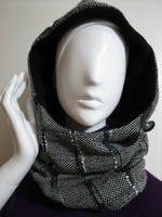 ♥ Kapuzenschal =Loop +Mütze ~Crash-Baumwolle: Schwarz-Weiß (Karo) /Fleece *Knopf