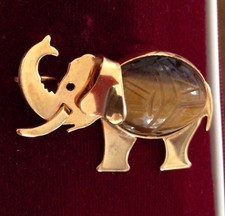12 K Gold - Filled Elephant Scarab Pin Brooch - Tiger Eye - Wer Richards Jewelry