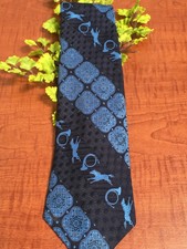 Vtg Shiaparelli Navy & Blue Print 100% Polyester 4" Wide Necktie Horns Horses