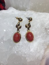 Beautiful Drop Coral Scarab Gold Pierced back Earrings Egyptian Jewelry