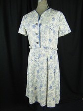 Vtg 60s Ivory Linen Dress w/Blue Floral Printed-Bust 38/S-M