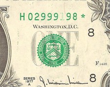 Unc 1977 A $1 Dollar Bill Star Error Federal Reserve Note Currency Paper Money