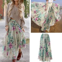 Damen Maxi BOHO Hippie Gypsy Blumenmuster Lang Langer Rock Strandkleid