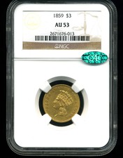 1859 $3 Indian Princess Head Three Dollar Gold Piece Au53 Ngc Cac
