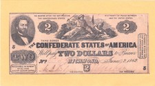 1862 T-42 $2.00 Confederate Note In Au Condition.