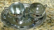 Vtge Shelton Ware Chrome Plated Lidded  Creamer & Sugar Bowl Set W/ Etched Tray 