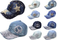 Damen Base Cap mit Strass Stern Peace Motiv Jeans Mütze Kappe Hüte Bling Bling !