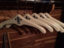 5 Vintage Antique Stenciled Heavy Wooden Hangers Large Wood White With Gold Trim