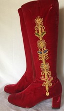 Vintage 1960s Red Velvet Go Go Boots W/ Gold Embrodiery Design Sz 6.5 B