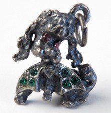Vintage Pewter Silver Plate Poodle Dog Charm Pendant Rhinestone Eyes Bow Tie