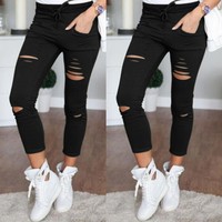 Damen Jeans Stretch Jeans Hose Ripped Destroyed Röhre Skinny Slim Hosen Schwarz