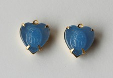 Vintage 2 Glass Heart Bead Pendants Drops Dangles 15mm Blue Scarab