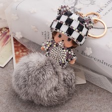 Monchichi crystal fur plush ball key chains fashion doll Purse cap pendant women