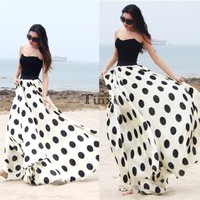 Sommer Strand Damen BOHO Lang Maxi Gepunktet Rock Chiffon-plissiert Röcke Kleid