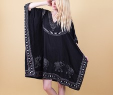 Elephant kaftan cover up Vintage 80s black ethnic batik tribal caftan boho S M