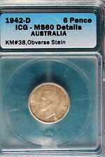 1942-D Icg Ms60 Details Australia 6 Pence, Km#38 Observe Stain! #B7084
