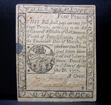 Colonial Currency ✪ Pennsylvania April 10Th 1777 ✪ Fr Pa-210 4D Cu Unc◢Edelmans◣