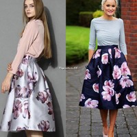 Neu Damen Hepburn-Stil mit hoher Taille Blumenrock midi Rock Swing Rock Skirt